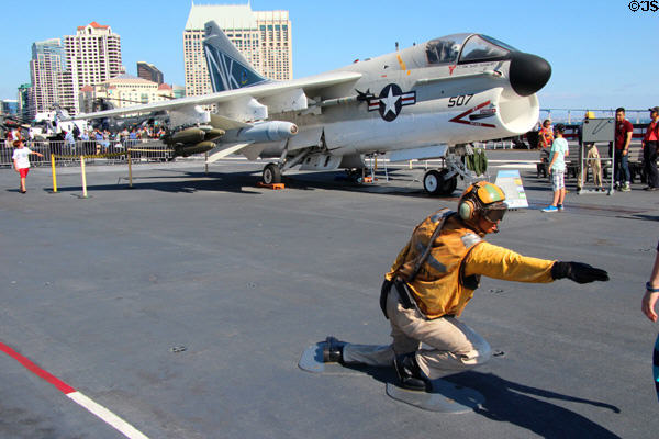 Ling-Temco-Vought A-7 Corsair II attack bomber jet (1967-91) in launch position aboard Midway carrier museum. San Diego, CA.
