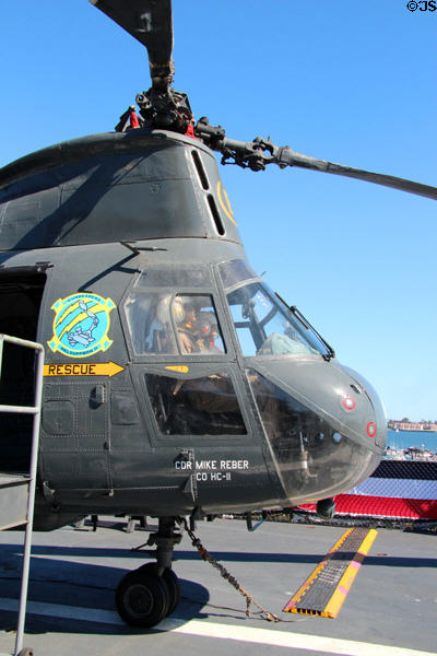 Boeing CH-46 Sea Knight twin-rotor helicopter (1964) at Midway aircraft carrier museum. San Diego, CA.