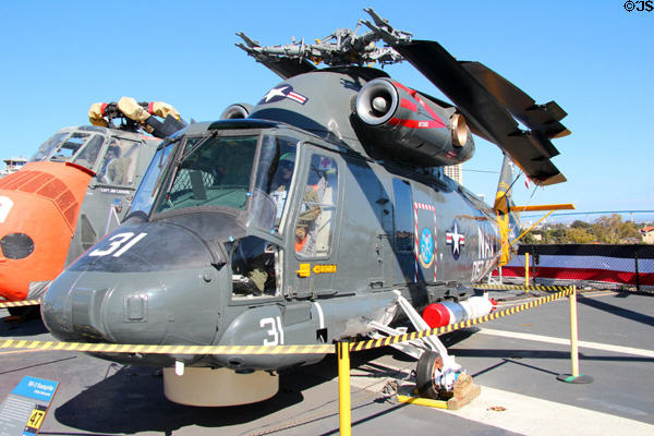 Kaman SH-2 Seasprite early jet turbine utility helicopter used on escort ships aboard Midway carrier museum. San Diego, CA.