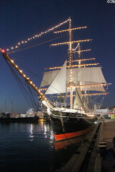 Star of India at Maritime Museum outlined in lights. San Diego, CA.
