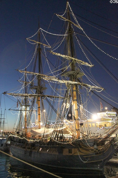 H.M.S. Surprise at Maritime Museum outlined in lights. San Diego, CA.