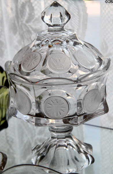 Coin pattern bowl by Fostoria Glass Co. at Historical Glass Museum. Redlands, CA.