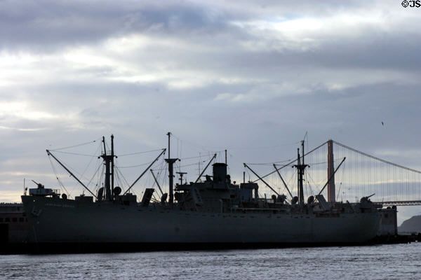 Armed historical National Memorial Liberty Ship Jeremiah O'Brien at Fishermans Wharf. San Francisco, CA.