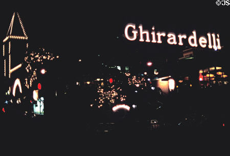 Ghirardelli Square at night with its sign, a landmark since 1915. San Francisco, CA.