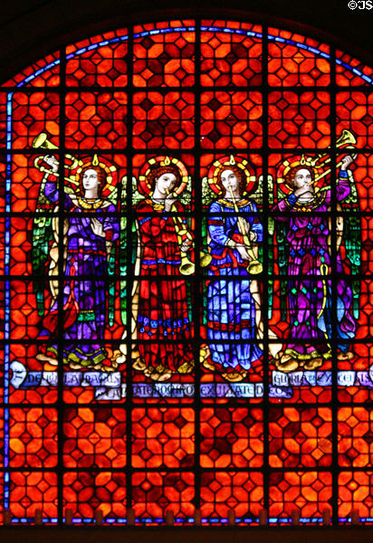 Horn playing angels in stained glass at Mission Dolores. San Francisco, CA.