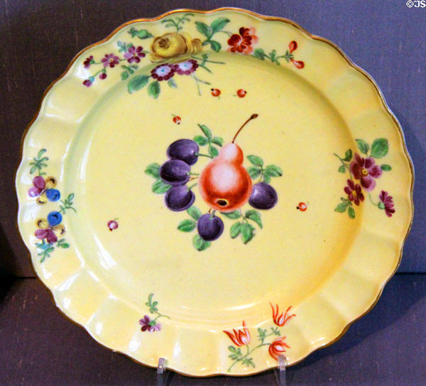 Porcelain plate with cluster of fruit (c1770-2) from Worcester, England at Legion of Honor Museum. San Francisco, CA.