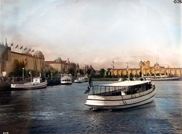 Hand-colored print shows small ferry boats which brought visitors to Panama-Pacific International Exposition (1915) at California Historical Society. San Francisco, CA.