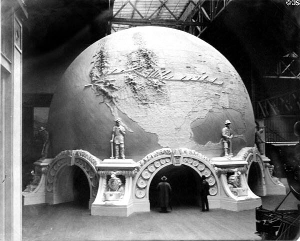 Print of Palace of Transportation exhibit by Western Pacific-Denver & Rio Grand + other rail lines shows 44-high globe tracing tracks at Panama-Pacific International Exposition (1915) in private collection. San Francisco, CA.