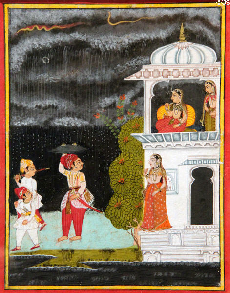 Lovers parting during rainy night watercolor (c1700) from Rajasthan, India at Asian Art Museum. San Francisco, CA.
