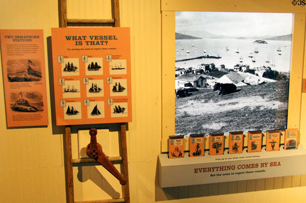 Display of how semaphore station was used to alert Frisco of arriving sailing ships at Maritime National Park Welcome Center. San Francisco, CA.