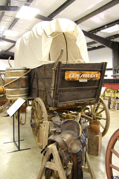 Farm/freight wagon able to carry several tons & pulled by teams of mules or horses at Angels Camp Museum. Angels Camp, CA.