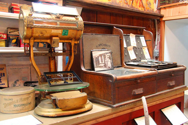 General store items with weigh scale (with patents 1885-1903) at Red Barn Museum. San Andreas, CA.