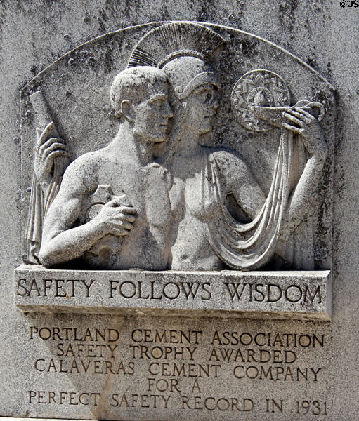 Cement plaque awarded to Calaveras Cement Company for a perfect safety record (1931) at Red Barn Museum. San Andreas, CA.