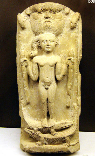 Limestone cippus of Horus (Roman period - 30 BCE - 641) at Rosicrucian Egyptian Museum. San Jose, CA.