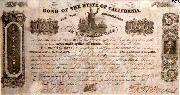 Bond for "Expeditions Against the Indians" (1854) to wage extermination wars on native peoples at Oakland Museum of California. Oakland, CA.