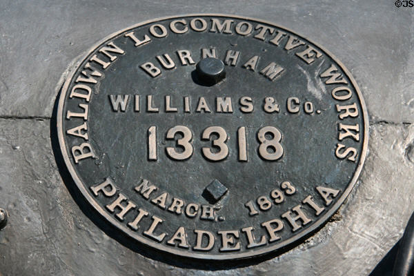 Baldwin maker's plate of Manitou & Pike's Peak Ry. cog steam locomotive at Colorado Railroad Museum. CO.