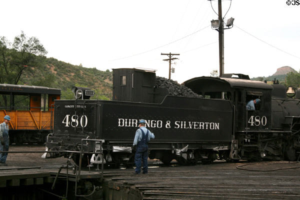 Durango & Silverton locomotive 480 backing onto turntable. Durango, CO.