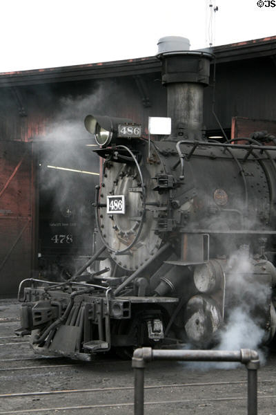 Steam envelops Durango & Silverton locomotives. Durango, CO.
