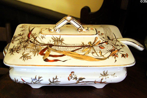 Covered serving dish with dragon fly & flower pattern in Chambers Home at Rock Ledge Ranch Historic Site. Colorado Springs, CO.