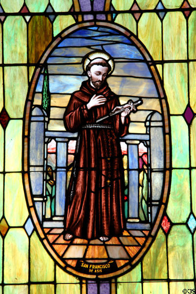 Stained glass window of San Francisco in Our Lady of Guadalupe Church. Antonito, CO.