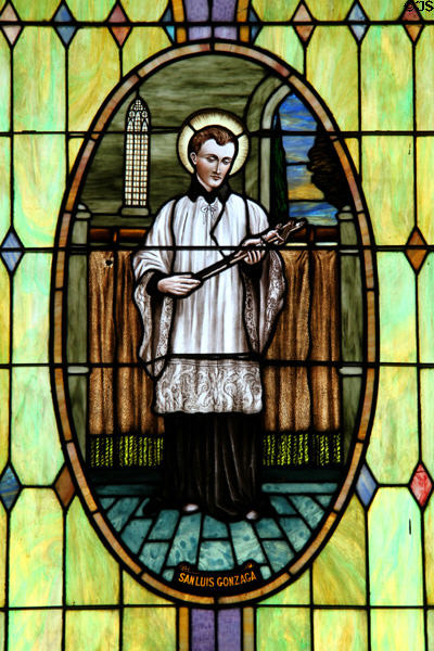 Stained glass window of San Luis Gonzaga in Our Lady of Guadalupe Church. Antonito, CO.