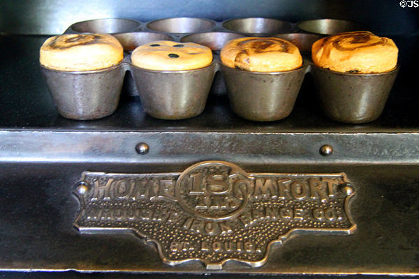 Home Comfort oven name plate by Wrought Iron Range Co. of St. Louis at Rosemount House Museum. Pueblo, CO.