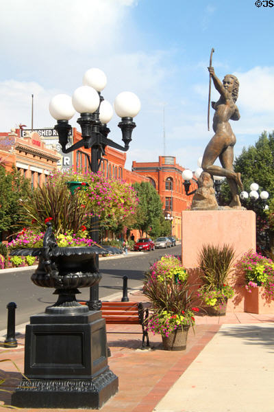 Diana the Huntress sculpture among the plantings of B St. at Pueblo Union Depot. Pueblo, CO.