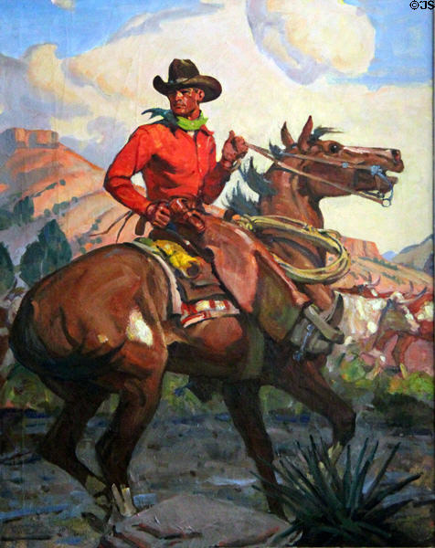 Painting of cowboy by A.R. Mitchell at Baca Adobe House. Trinidad, CO.
