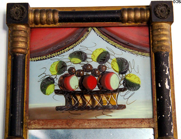 Painted fruit & flowers detail on looking glass mirror at Thomas Griswold House. Guilford, CT.
