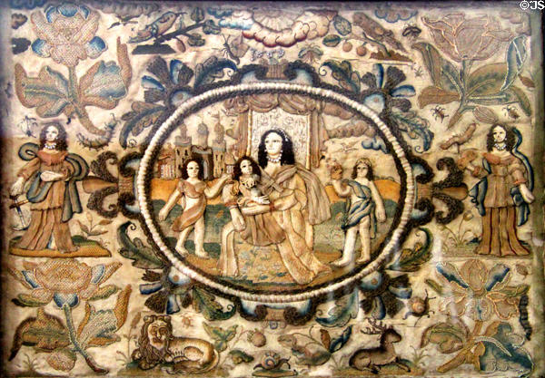 Embroidery with biblical scenes at Hyland House. Guilford, CT.