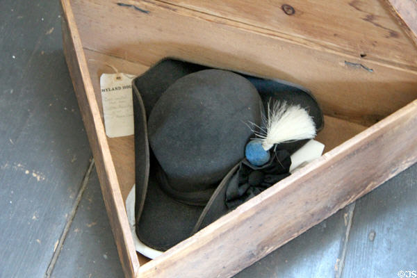 Three-cornered hat in antique wooden box at Hyland House. Guilford, CT.