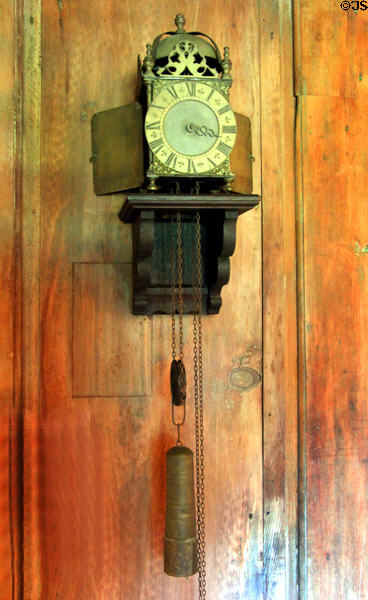 Lantern clock (c1700) which only had hour hand at Henry Whitfield State Museum. Guilford, CT.