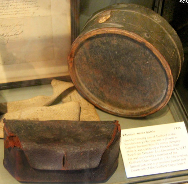 Wooden water bottle (1775) used in Revolutionary War at Henry Whitfield State Museum. Guilford, CT.