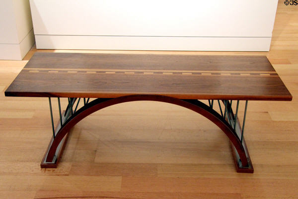 Bench with arched bridge support at New Britain Museum of American Art. New Britain, CT.