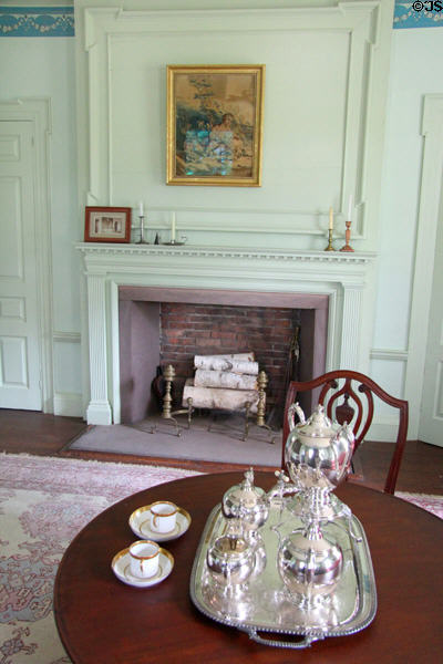 Silver tea service in parlor at Oliver Ellsworth Homestead Museum. Windsor, CT.