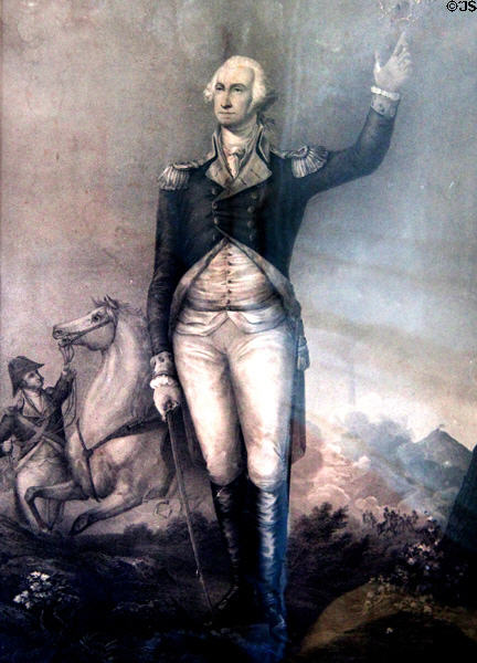 Graphic of George Washington with his horse in background at Oliver Ellsworth Homestead Museum. Windsor, CT.
