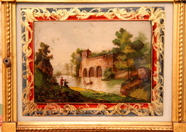 Painted scene on Banjo clock by A. Willard at Hurlbut-Dunham House. Wethersfield, CT.