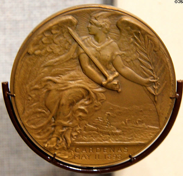 Cardenas Bay Medal (c1898) for Spanish American War action in Cuba when the tug Hudson save crippled American Navy warships at U.S. Coast Guard Museum. New London, CT.