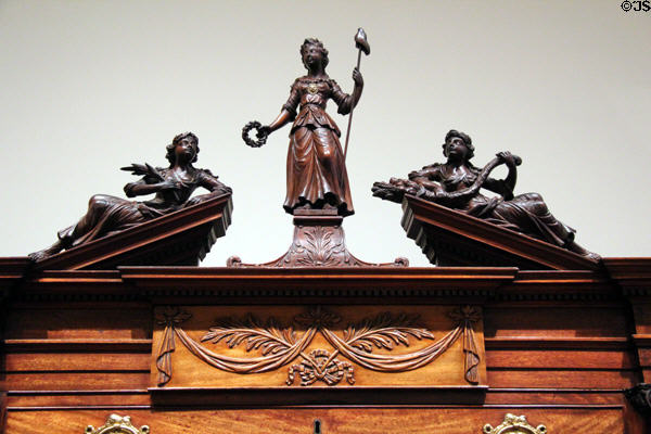 Carving details by John Skillin & Simeon Skillin, Jr. atop chest-on-chest (1791) by Stephen Badlam of Boston, MA & at Yale University Art Gallery. New Haven, CT.