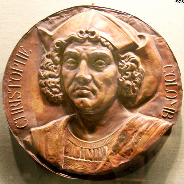 Christophe Colomb copper plaque (c1892-3) after original by Dutch engraver Theodore de Bry at Knights of Columbus Museum. New Haven, CT.