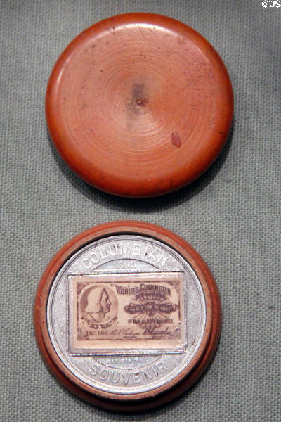 Encased admission ticket to Chicago World Columbian Exposition (1893) at Knights of Columbus Museum. New Haven, CT.