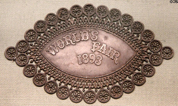 Souvenir Columbus tin plaque from Chicago World Columbian Exposition (1893) at Knights of Columbus Museum. New Haven, CT.