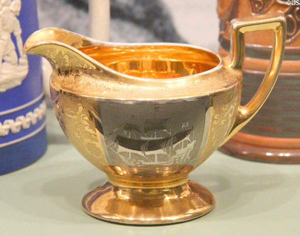 Porcelain cream pitcher with image of Columbus' ship Santa Maria (c1892) from Bavaria, Germany at Knights of Columbus Museum. New Haven, CT.