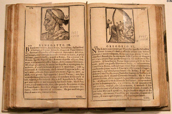 Ecclesiastical chronology with book (1723) open to Popes Benedict IX & Gregory VI at Knights of Columbus Museum. New Haven, CT.