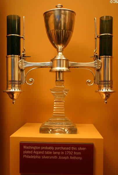 Silver-plated Argand table lamp probably bought by George Washington from Philadelphia silversmith Joseph Anthony in 1792 in American History Museum. Washington, DC.