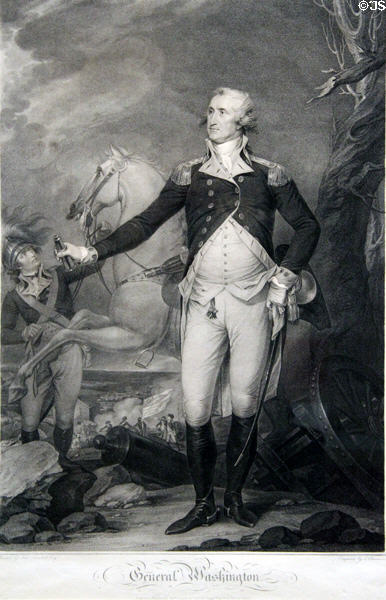 George Washington at Battle of Trenton engraving (1796) by Thomas Cheesman after John Trumbull at National Portrait Gallery. Washington, DC.