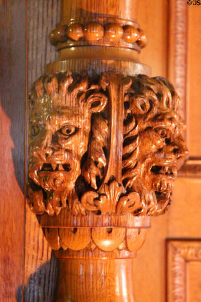 Carved lion pillar on dining room sideboard at Christian Heurich Mansion. Washington, DC.