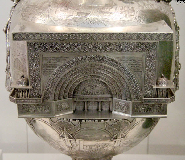 Silver Tiffany vase models Transportation Building by Louis Sullivan at 1893 World's Columbian Exposition in Chicago at National Museum of American History. Washington, DC.