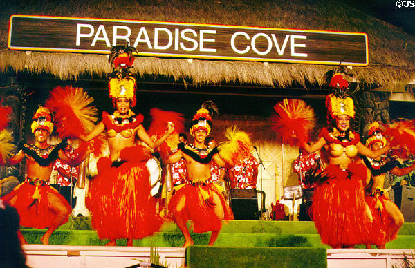 Dancers on stage at Luau in Paradise Cove. Oahu, HI.