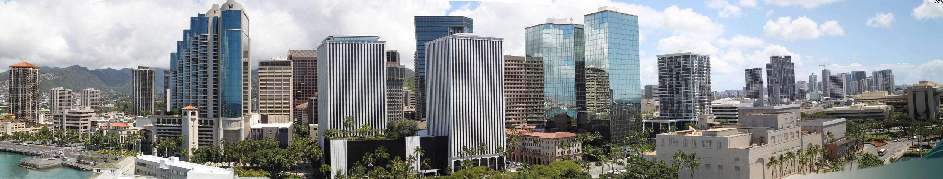 Panorama of downtown Honolulu from Aloha Tower observation deck. Honolulu, HI.